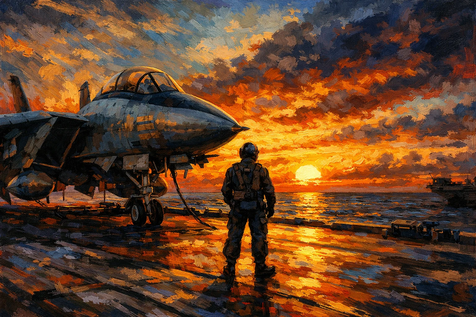 Jet F-14 e pilota solitario su portaerei al tramonto