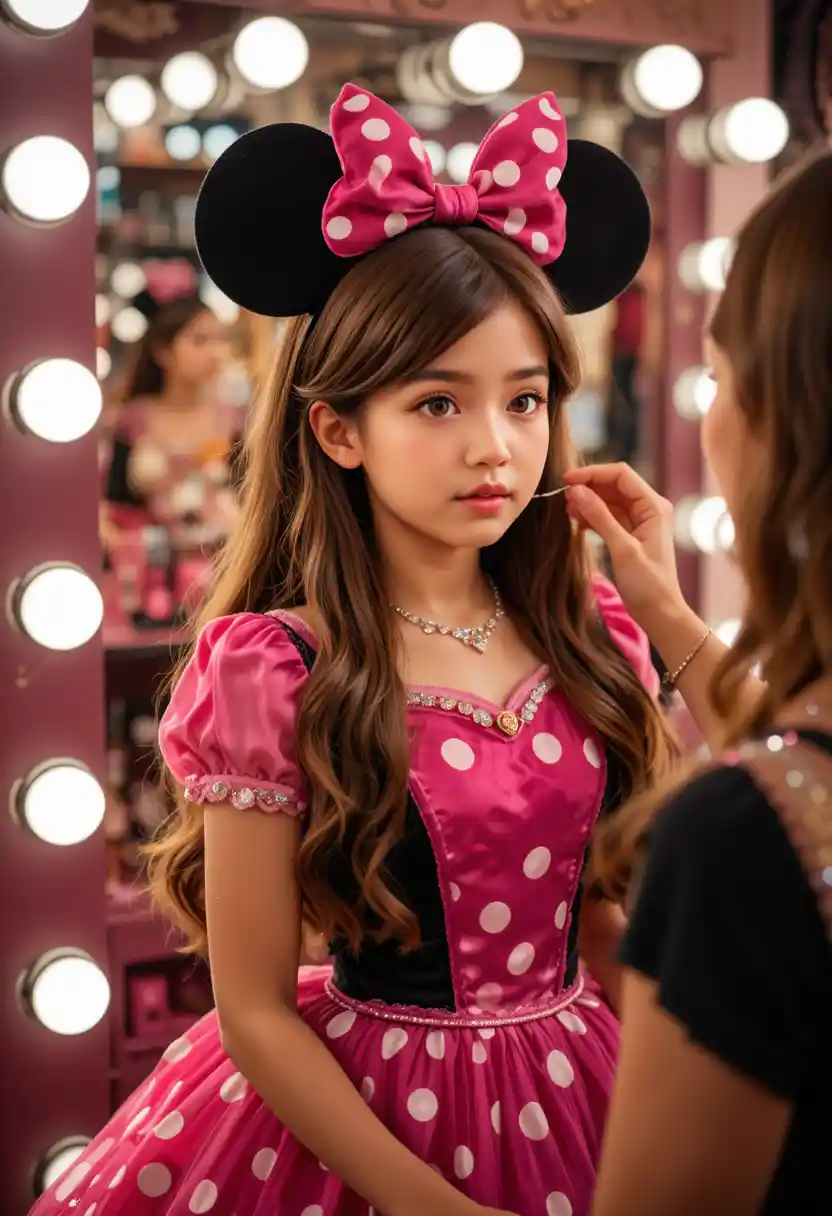 Young boy in pink Minnie dress at makeup mirror