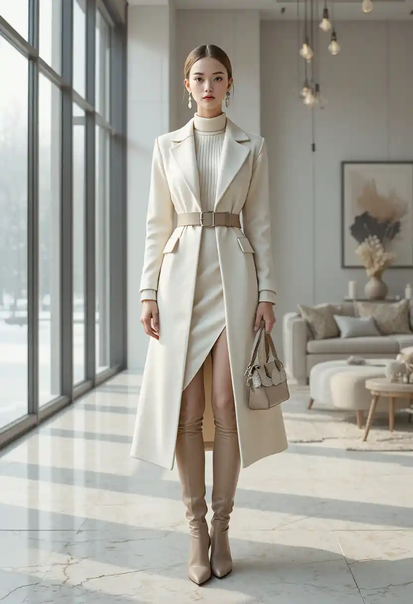 Scandinavian fashion woman in minimalist luxury interior