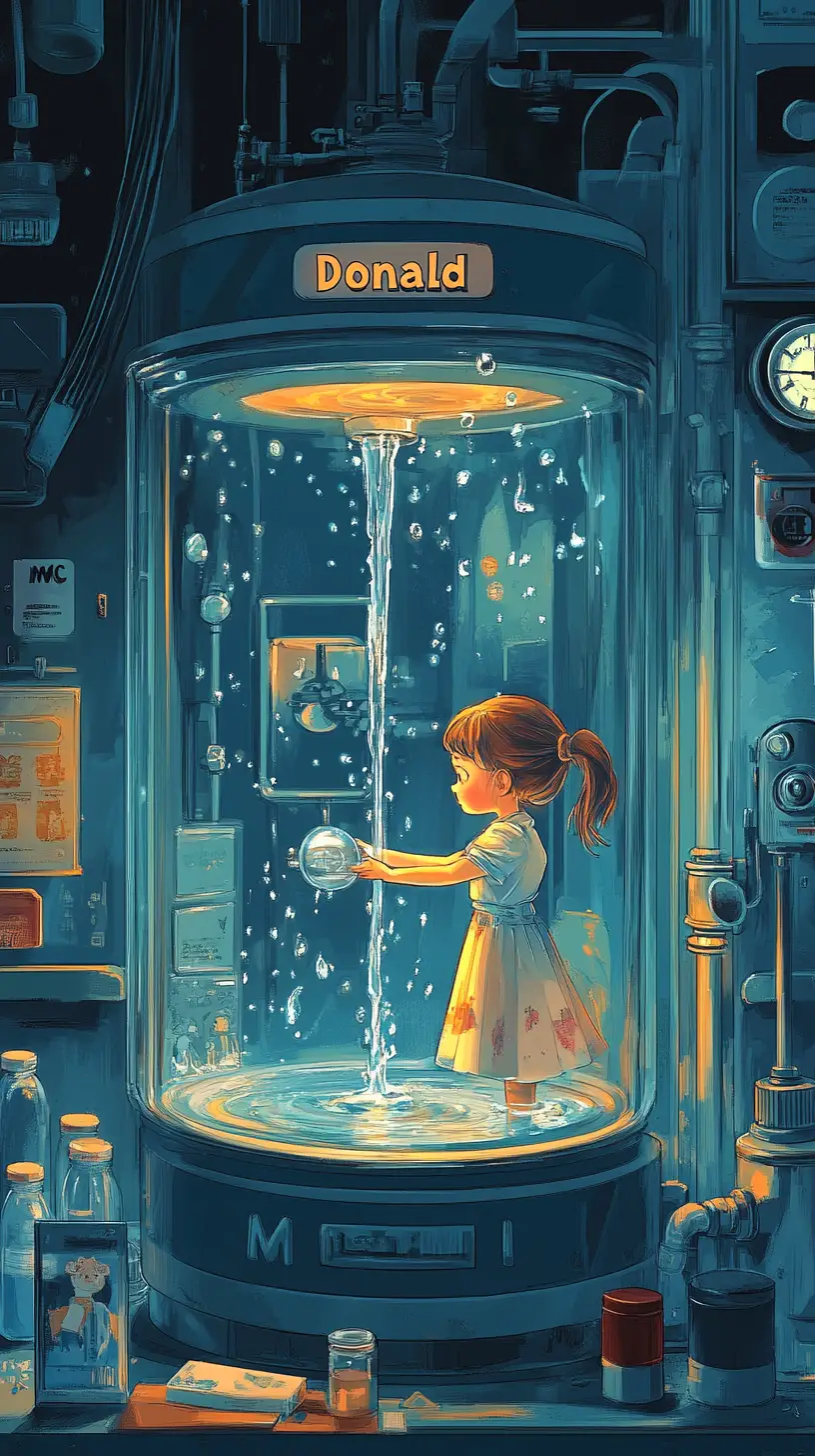 Little girl fetching water inside a magical drink dispenser