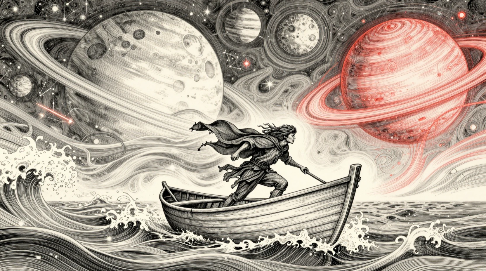 Ausreißer in einem Ruderboot auf einem kosmischen Ozean