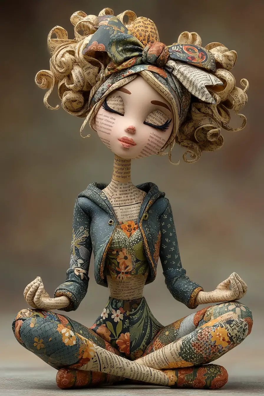 Papercraft newspaper girl sitting in a lotus pose