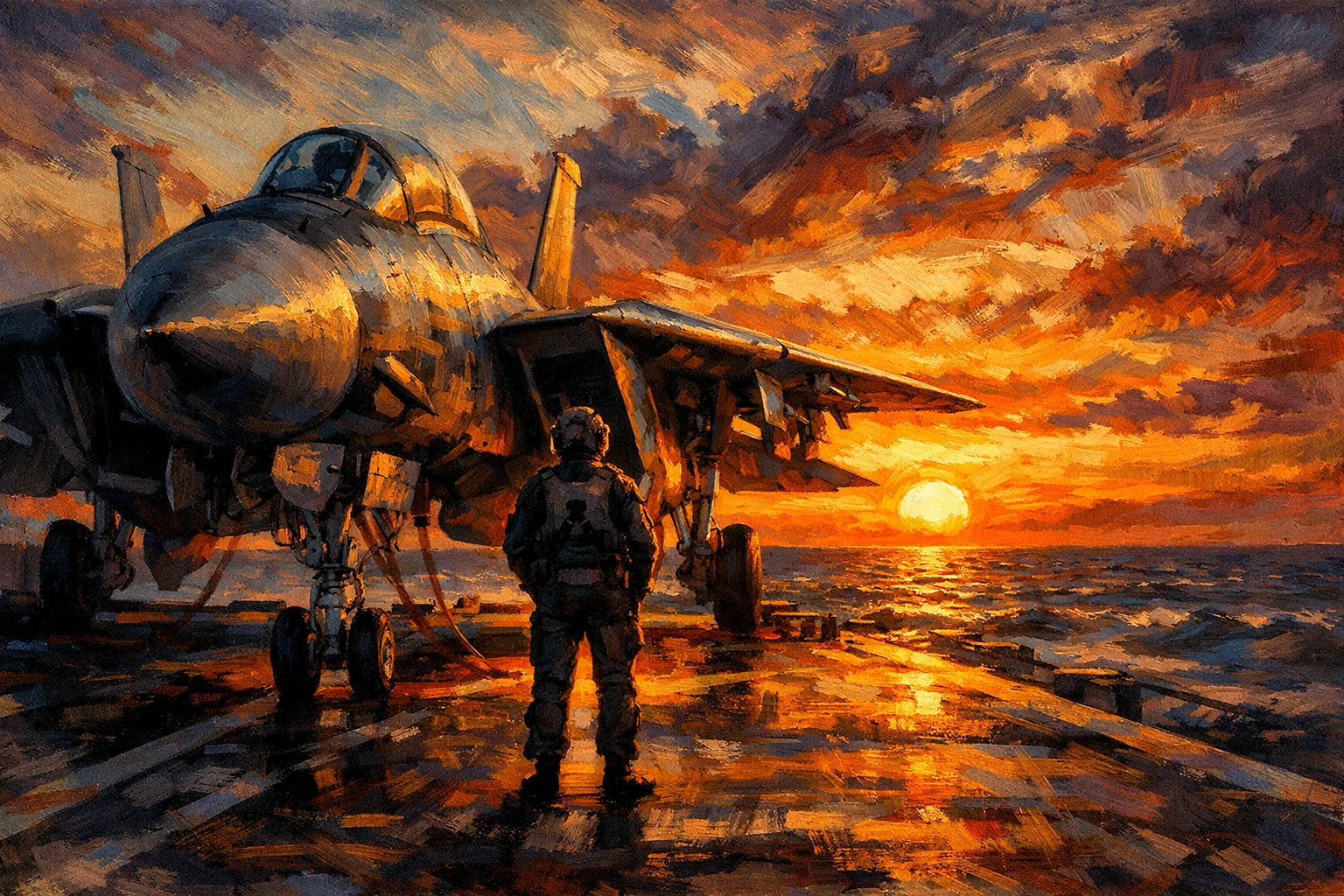 Caccia F‑14 al tramonto su una portaerei solitaria