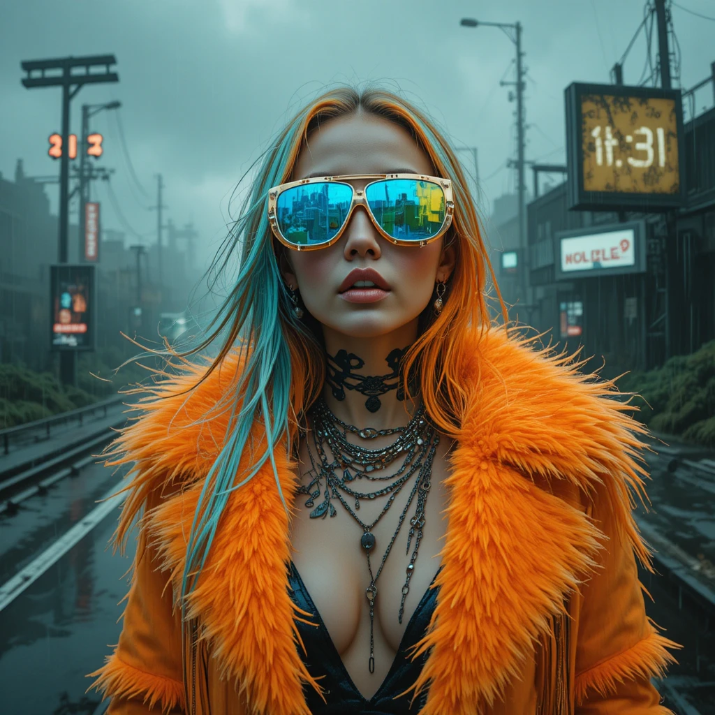 Primo piano fashion glitch di donna con cappotto di pelliccia neon