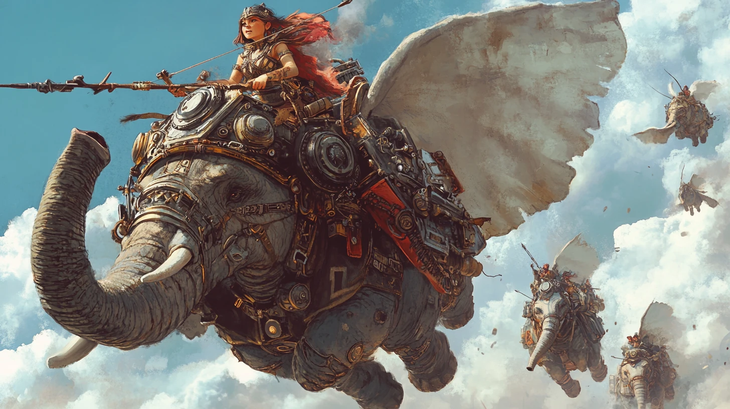 Steampunk-Barbarinnenmädchen reitet auf einem fliegenden Afrikanischen Elefanten