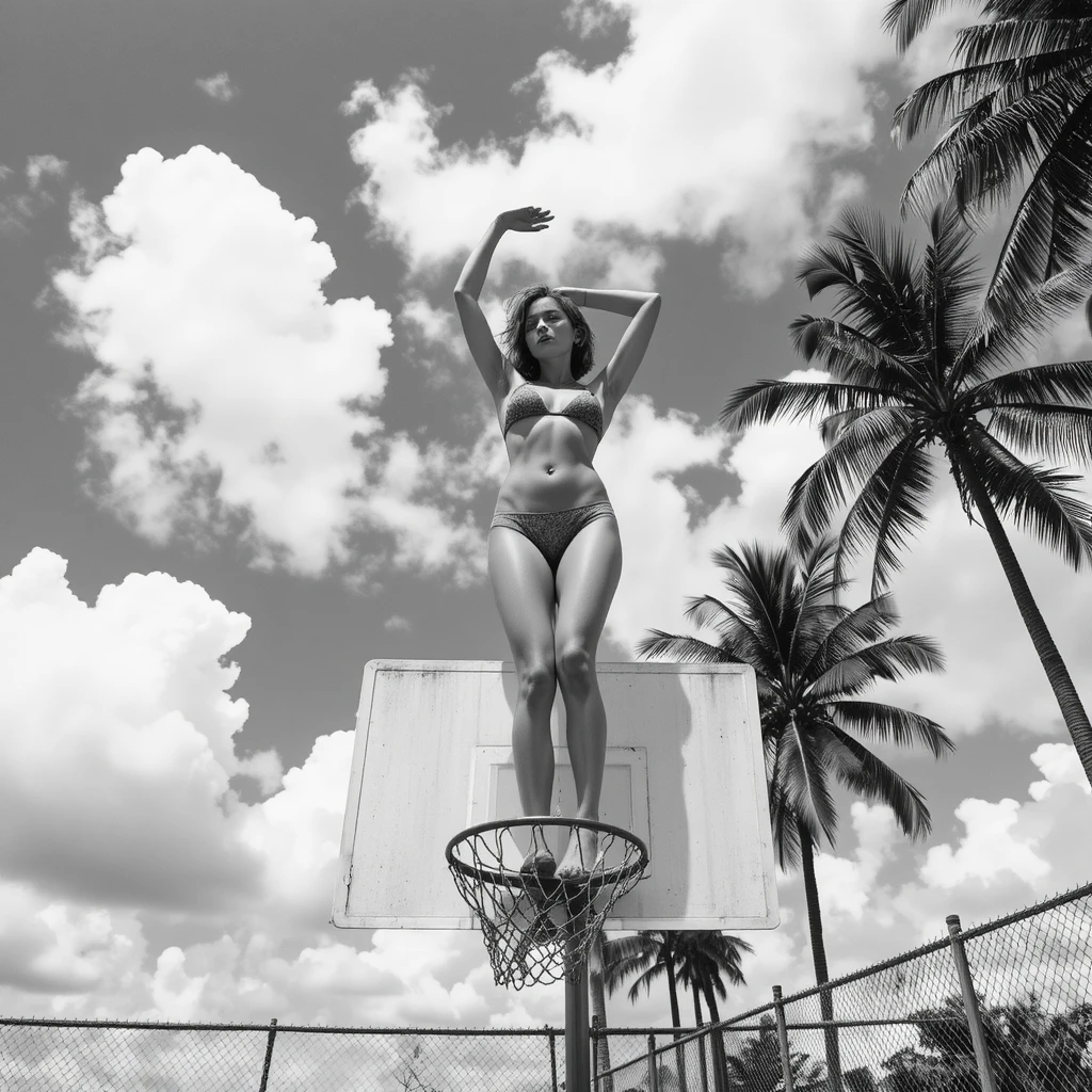 Woman posing on basketball hoop in black and white