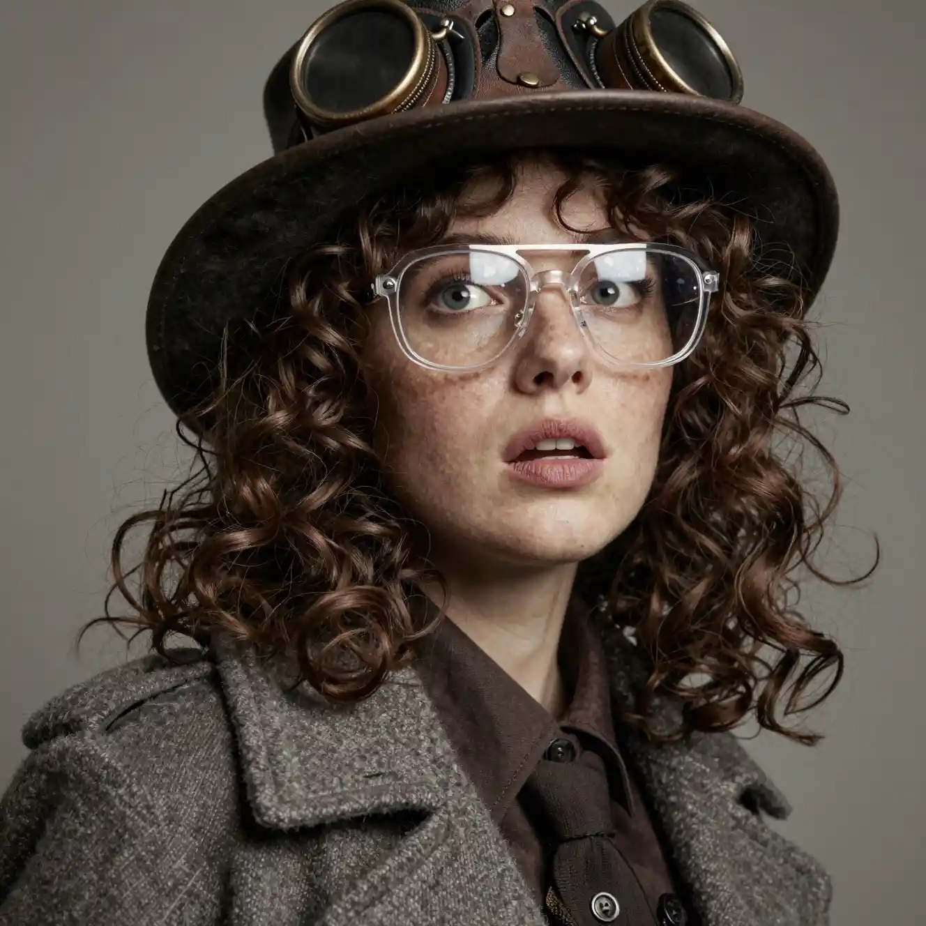 Primer plano de una joven con sombrero y gafas steampunk