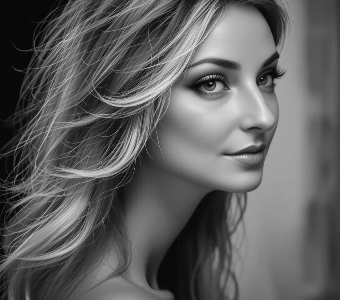 Retrato de perfil lateral en alto contraste de una mujer europea