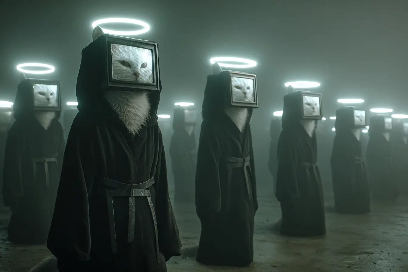 Cats In Dark Robes With Glowing Halo Tv Helmets