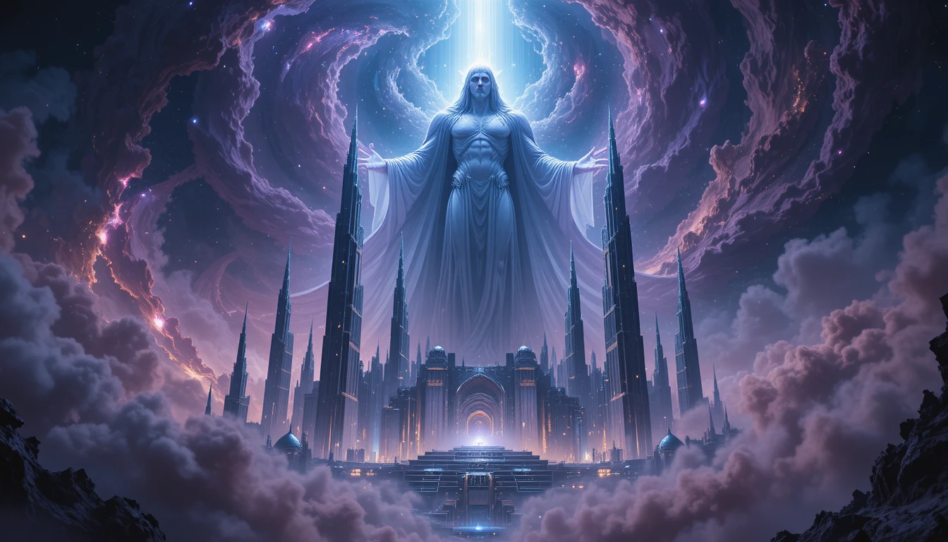 Ancient cosmic god descending over nebula futuristic city