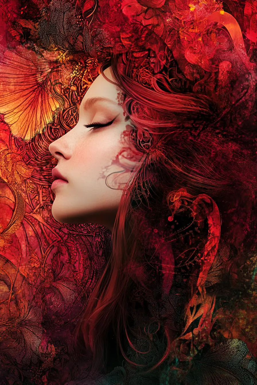Ethereal woman in a luminous crimson fantasy dreamscape