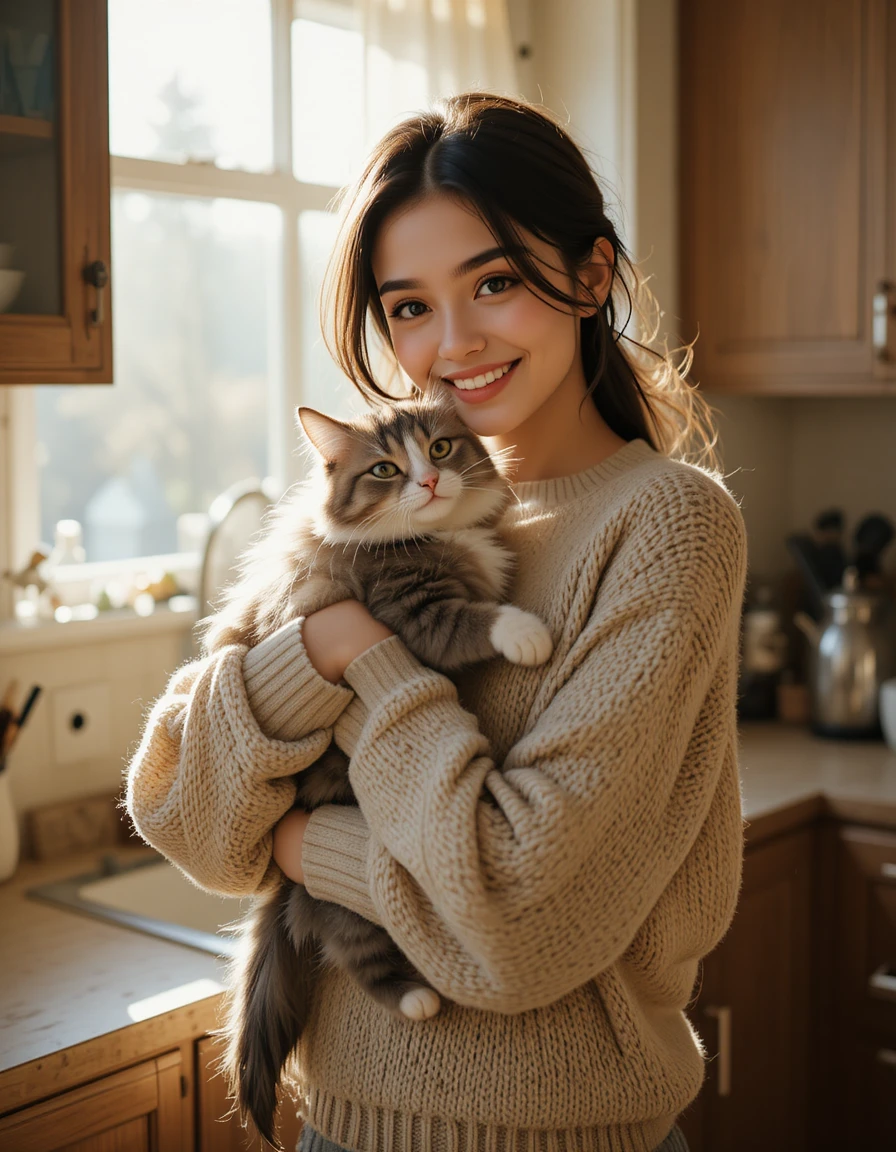 Giovane donna sorridente che tiene in braccio il suo gatto in una cucina accogliente