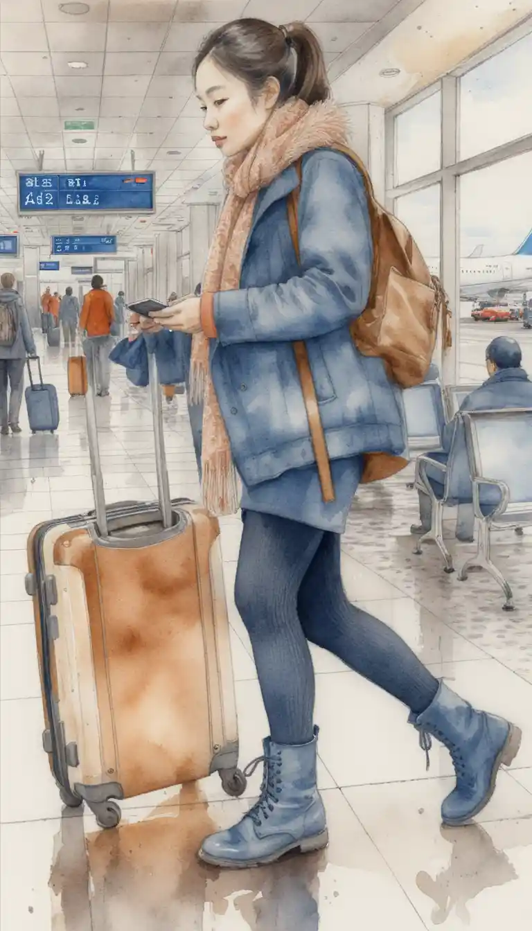 Asian woman walking through busy airport terminal drawing