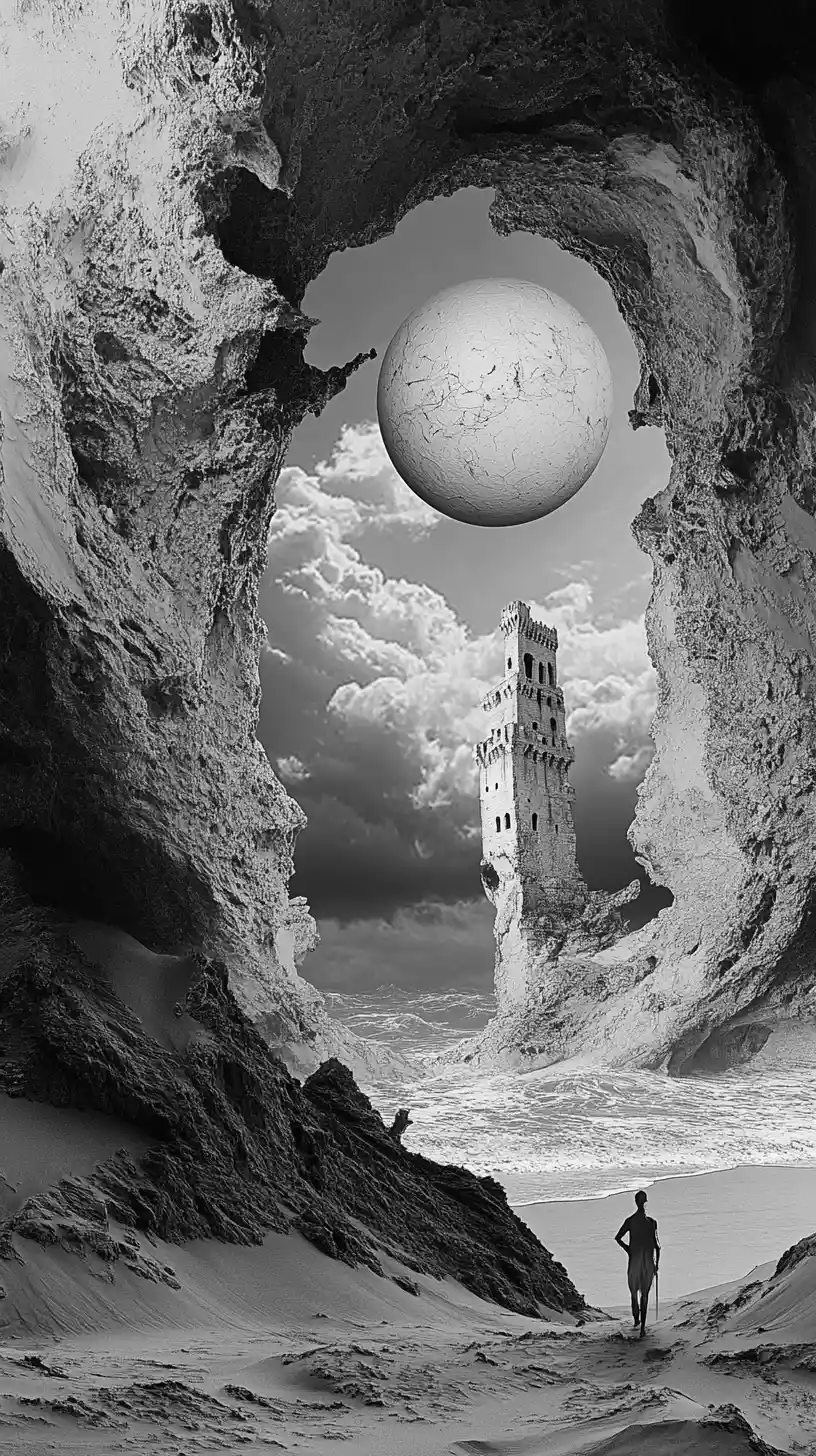 Warrior gripping a sword beside a fragile sand castle