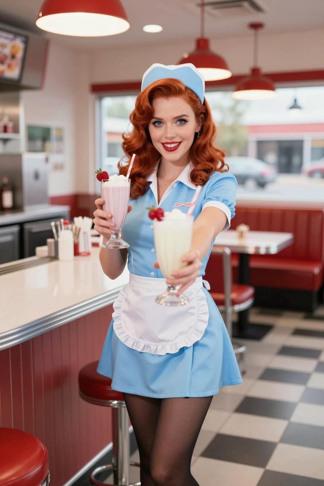 Retro diner waitress offering a milkshake to the viewer