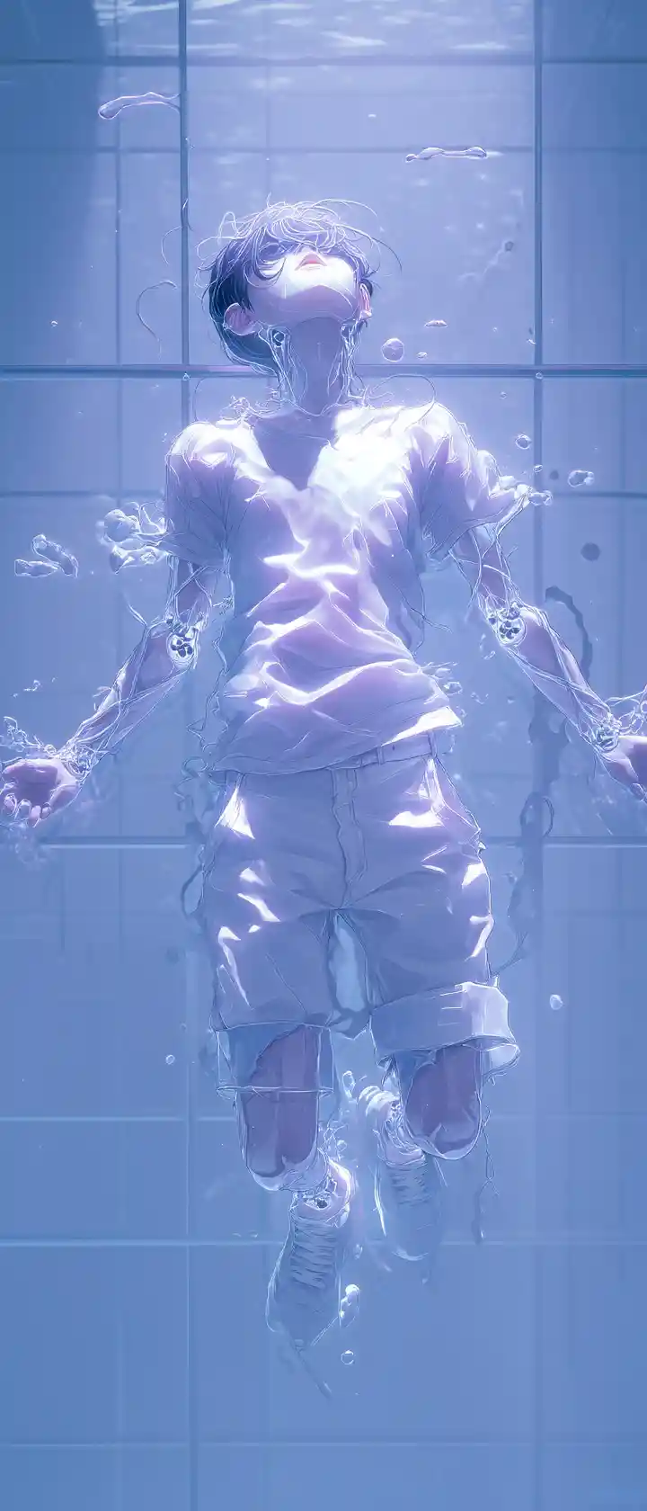 Ethereal boy dissolving into glowing techno organic lattice