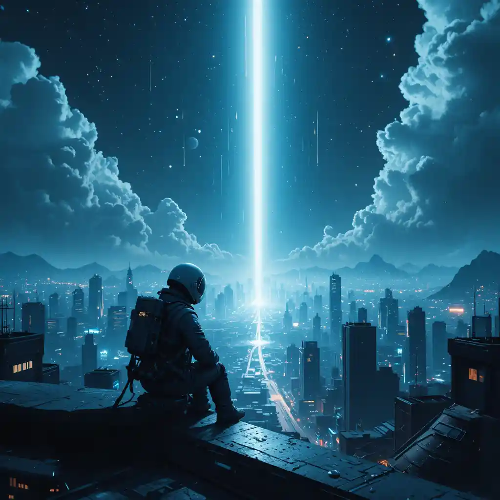 Astronaut on rooftop facing celestial light over futuristic city
