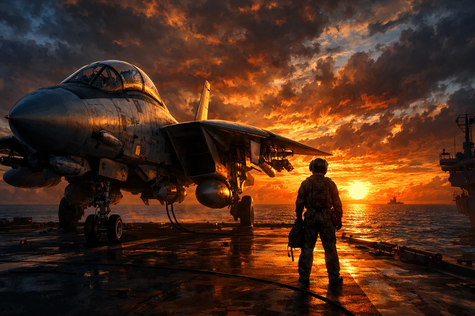 Jet F-14 e pilota che osservano il tramonto dal ponte di una portaerei