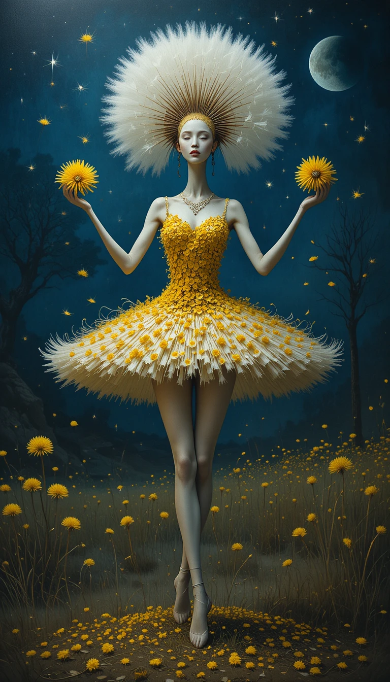 Bailarina surreal de diente de león danzando bajo una noche azul profunda