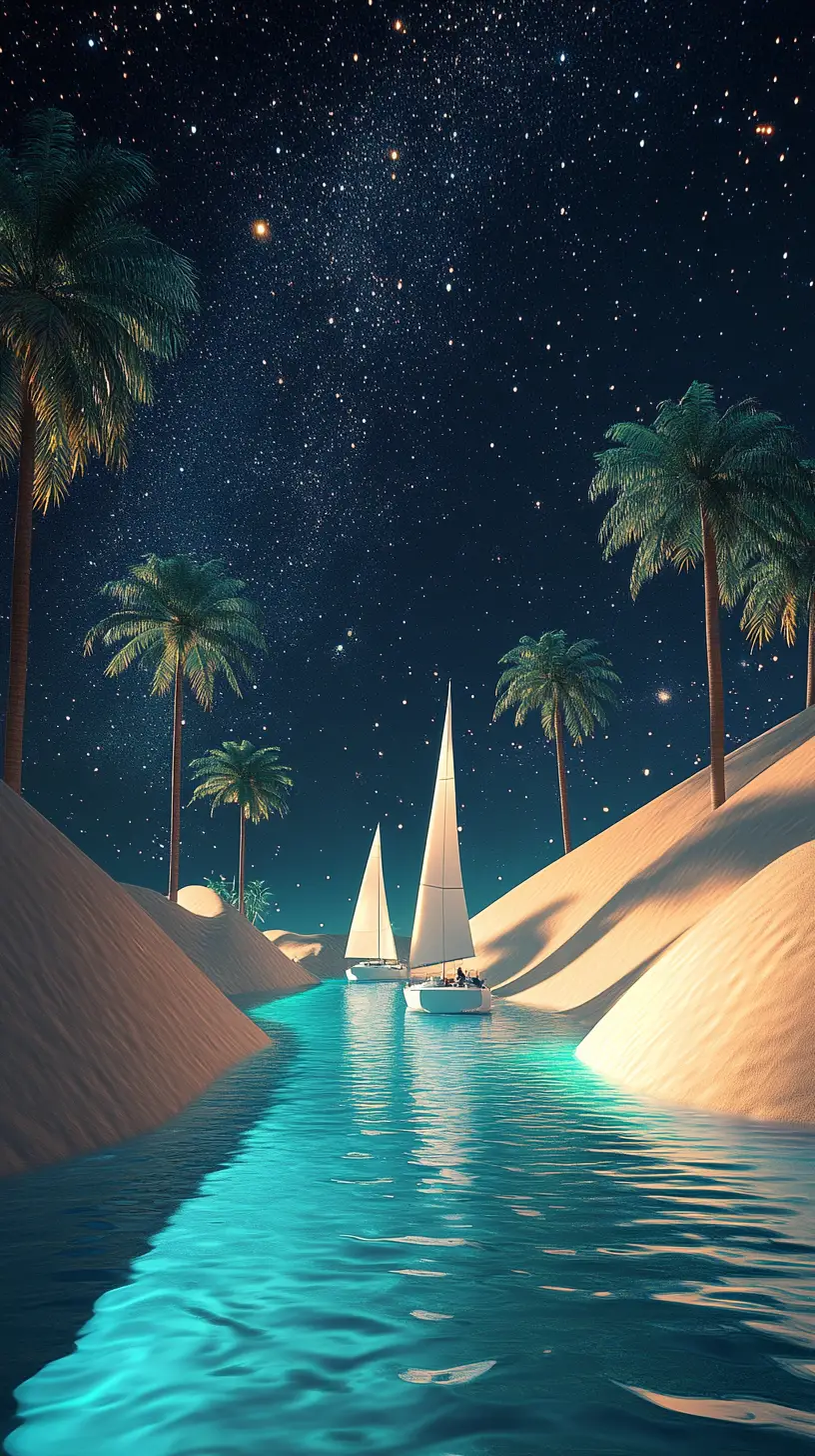 Serene Desert Oasis Waterway With Sailboats At Night