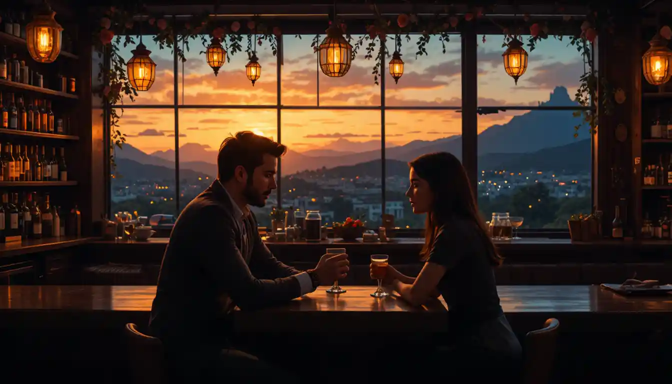 Romantic dawn light filling a quiet intimate bar interior
