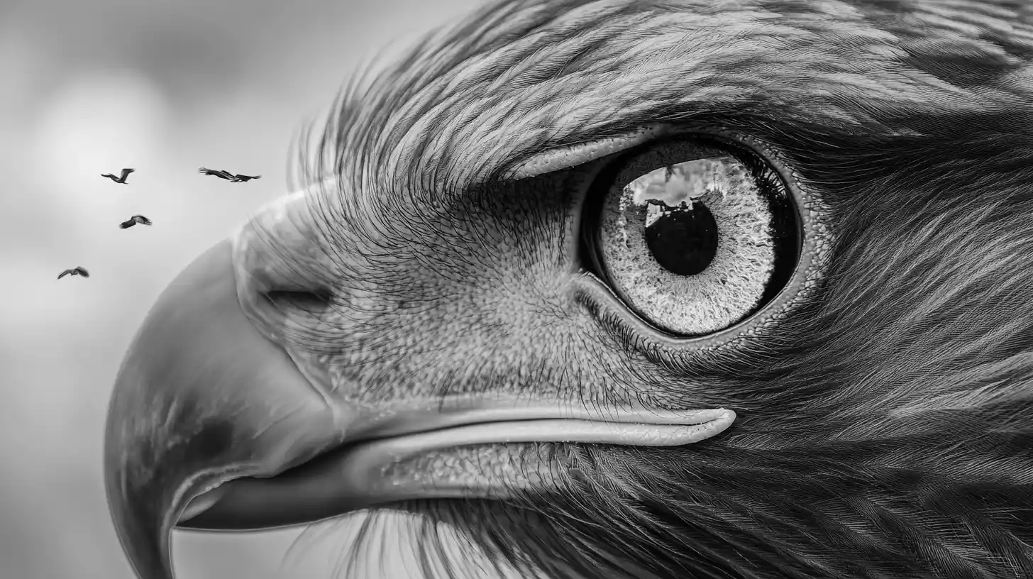 Extreme close up of an eagle eye with surreal landscape