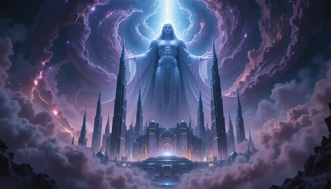 Ancient cosmic god descending over nebula futuristic city