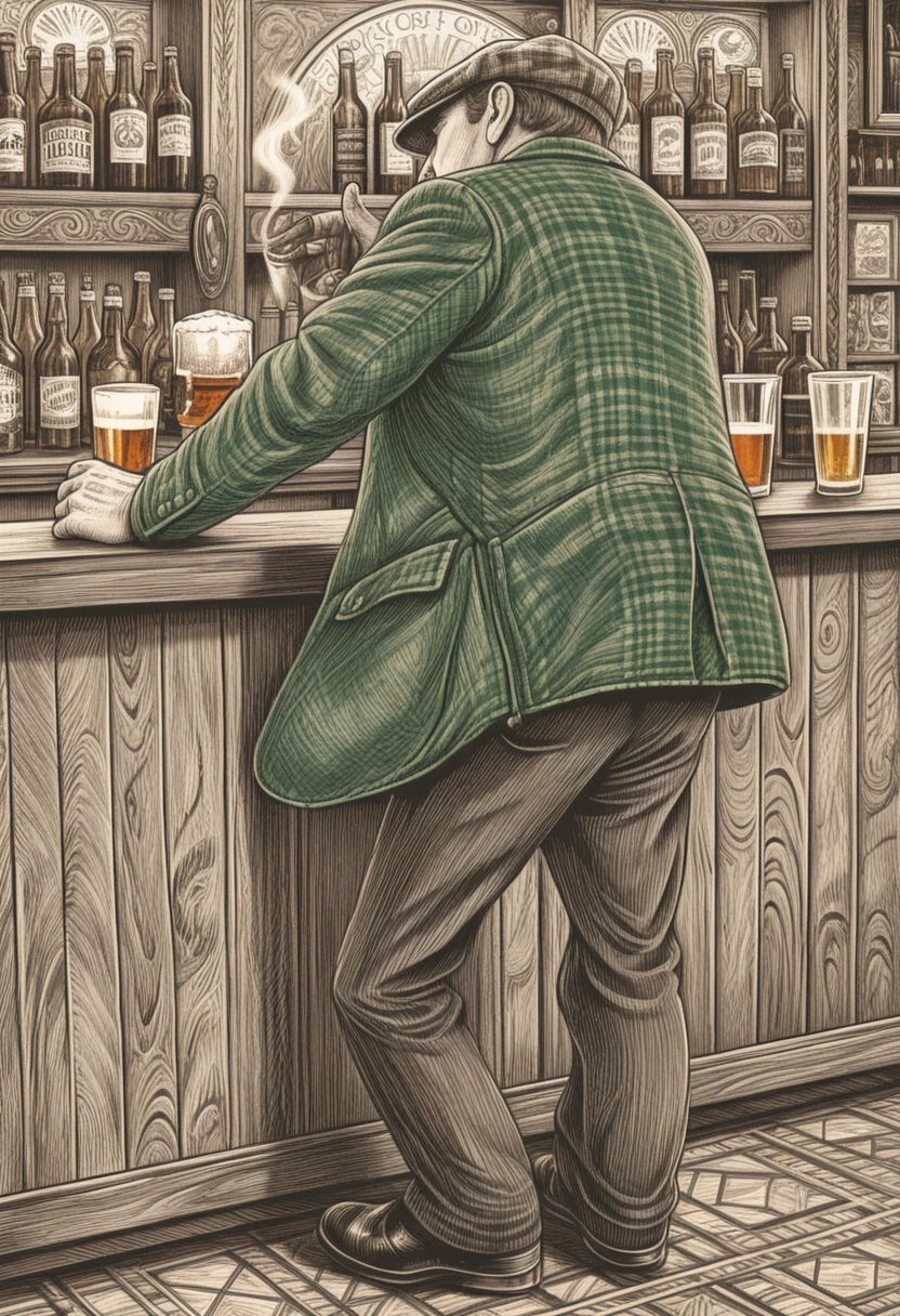 Mann mit Bier und Zigarette an einer Vintage-Theke aus Holz