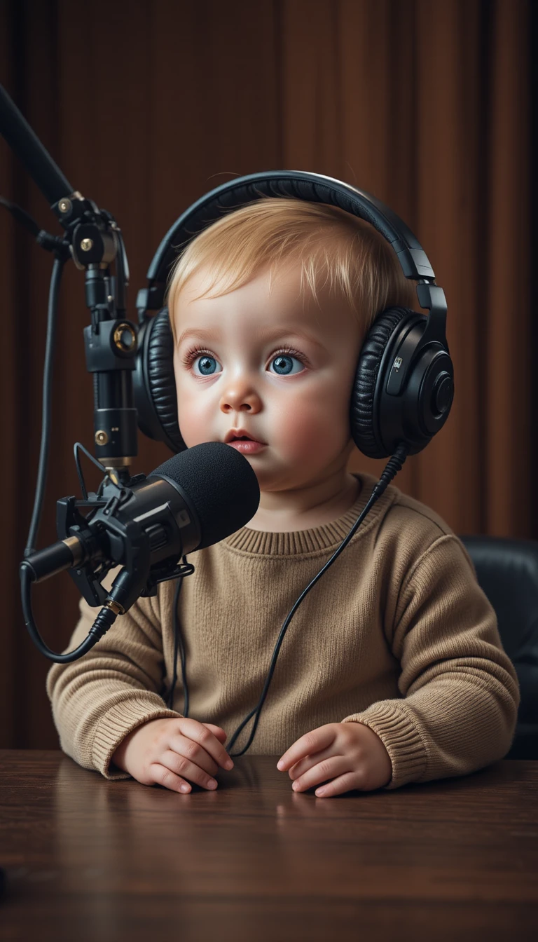 Neonato presentatore di podcast con cuffie in uno studio accogliente