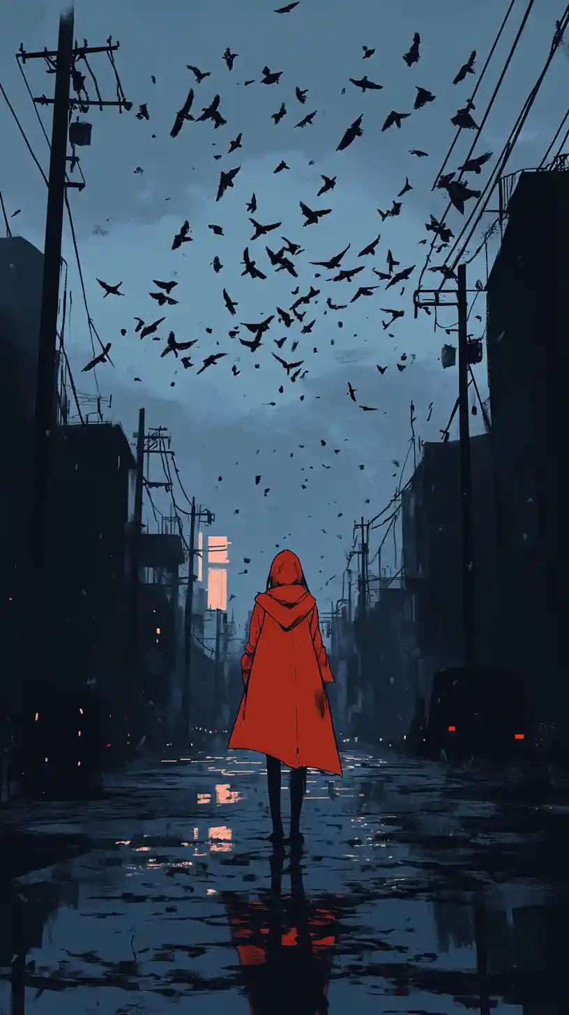 Anime woman in red coat on rainy city street