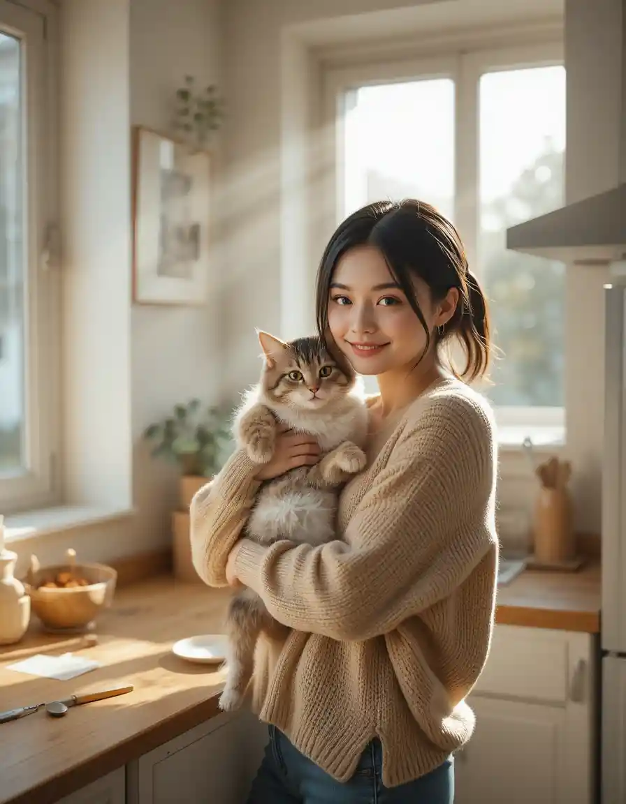 Smiling young woman holding a fluffy cat in sunlight