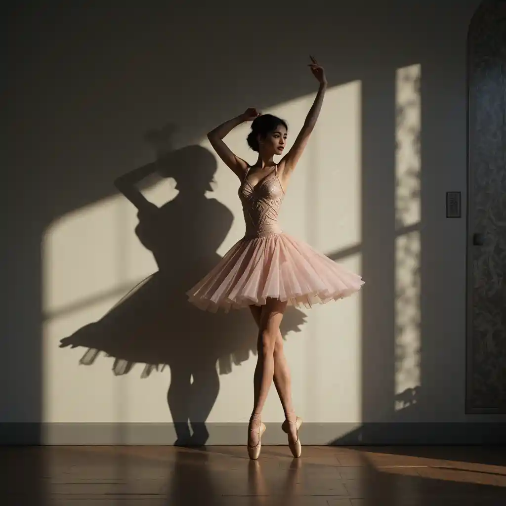 Backlit classical ballet dancer casting a shadow on the wall