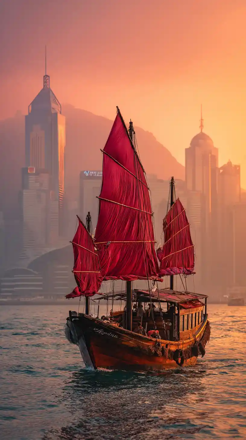 Hong Kong junk boat at sunset on tranquil Victoria Harbour