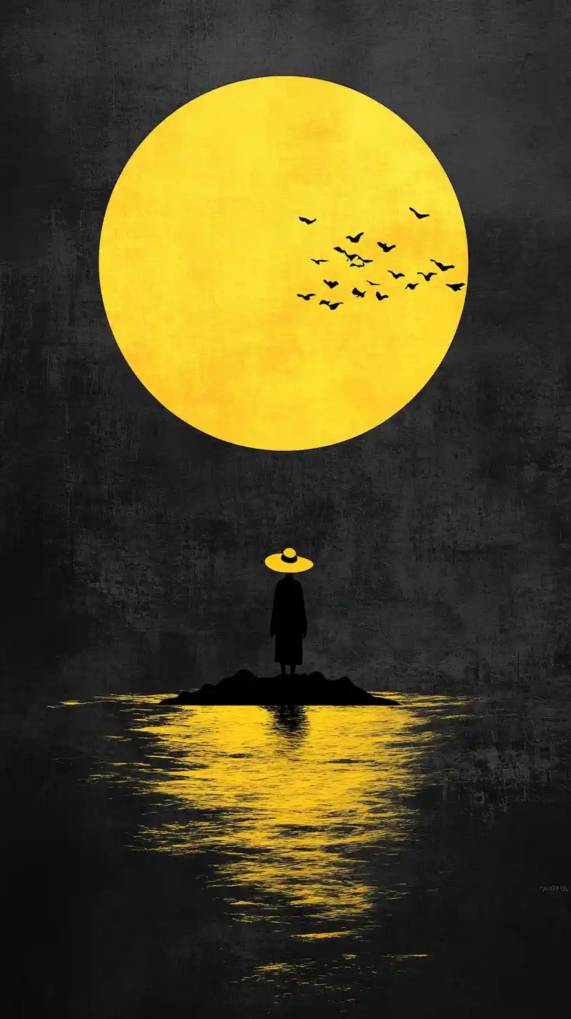 Lone silhouette with yellow sun birds and distant island