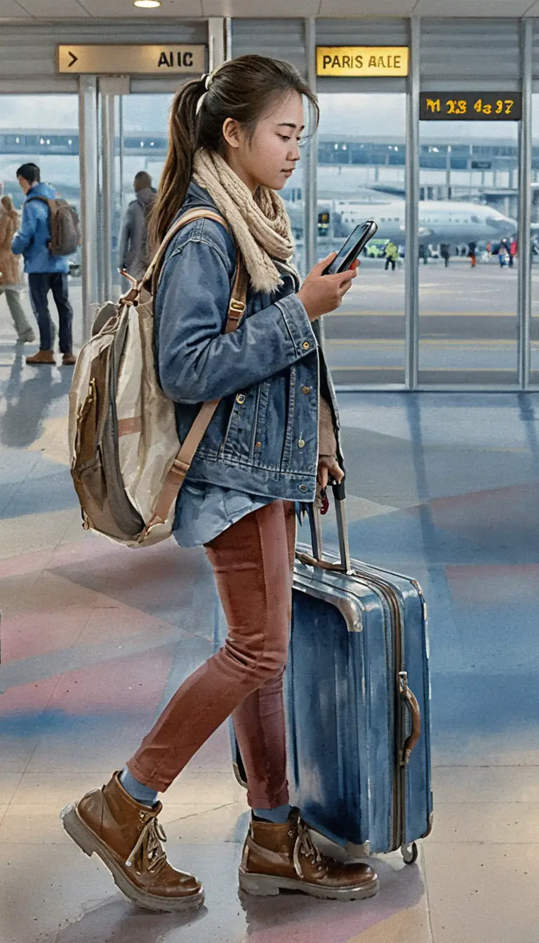북적이는 공항 터미널을 걷는 아시아 여성 그림