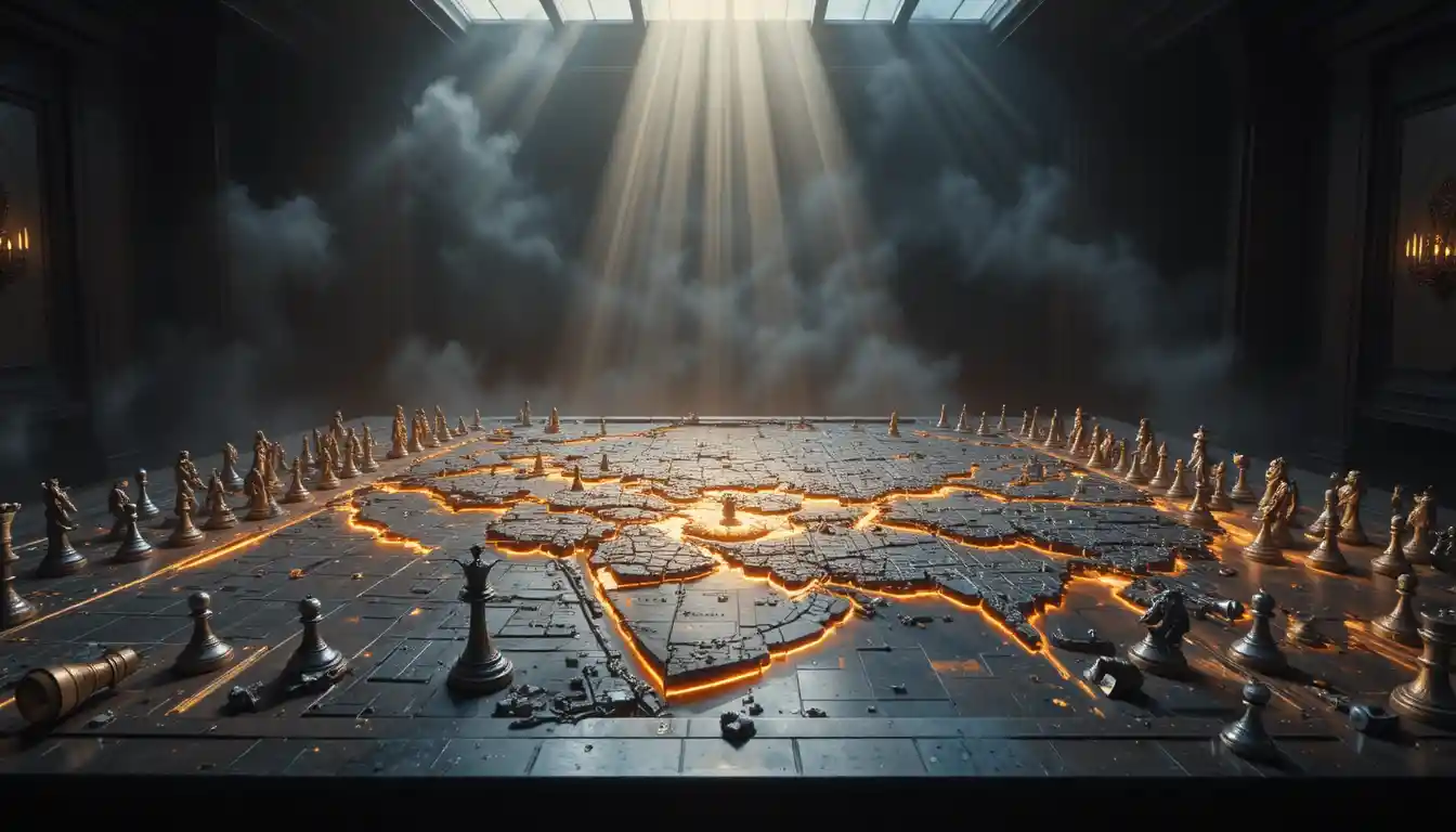 Tavolo strategico cinematografico con mappa in rilievo geopolitica luminosa