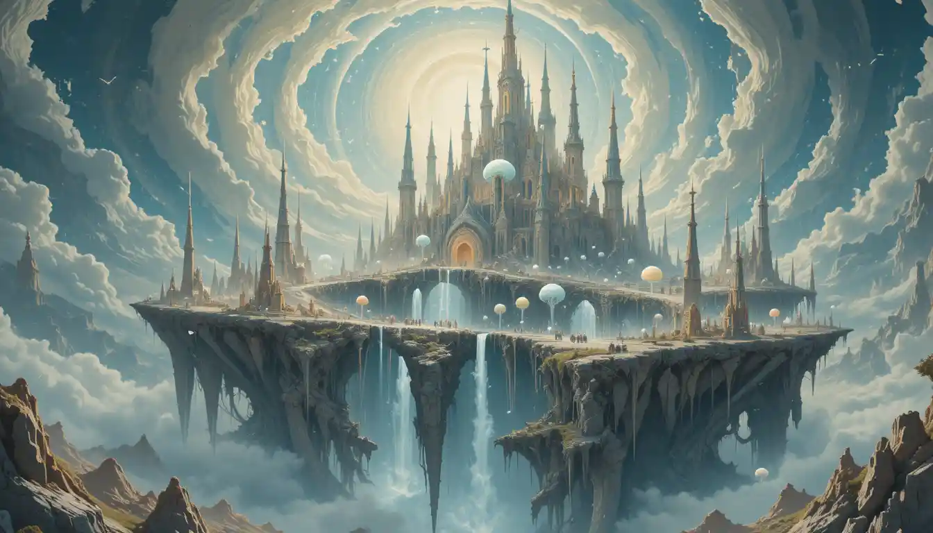 Ethereal floating city of light beings in a dreamscape