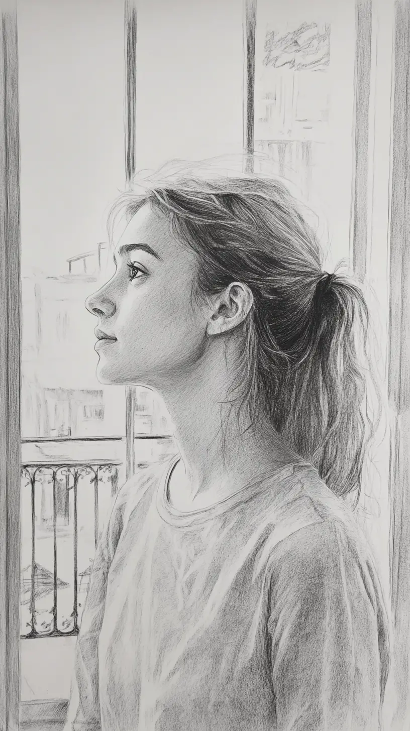 Woman standing by a large window in soft interior light