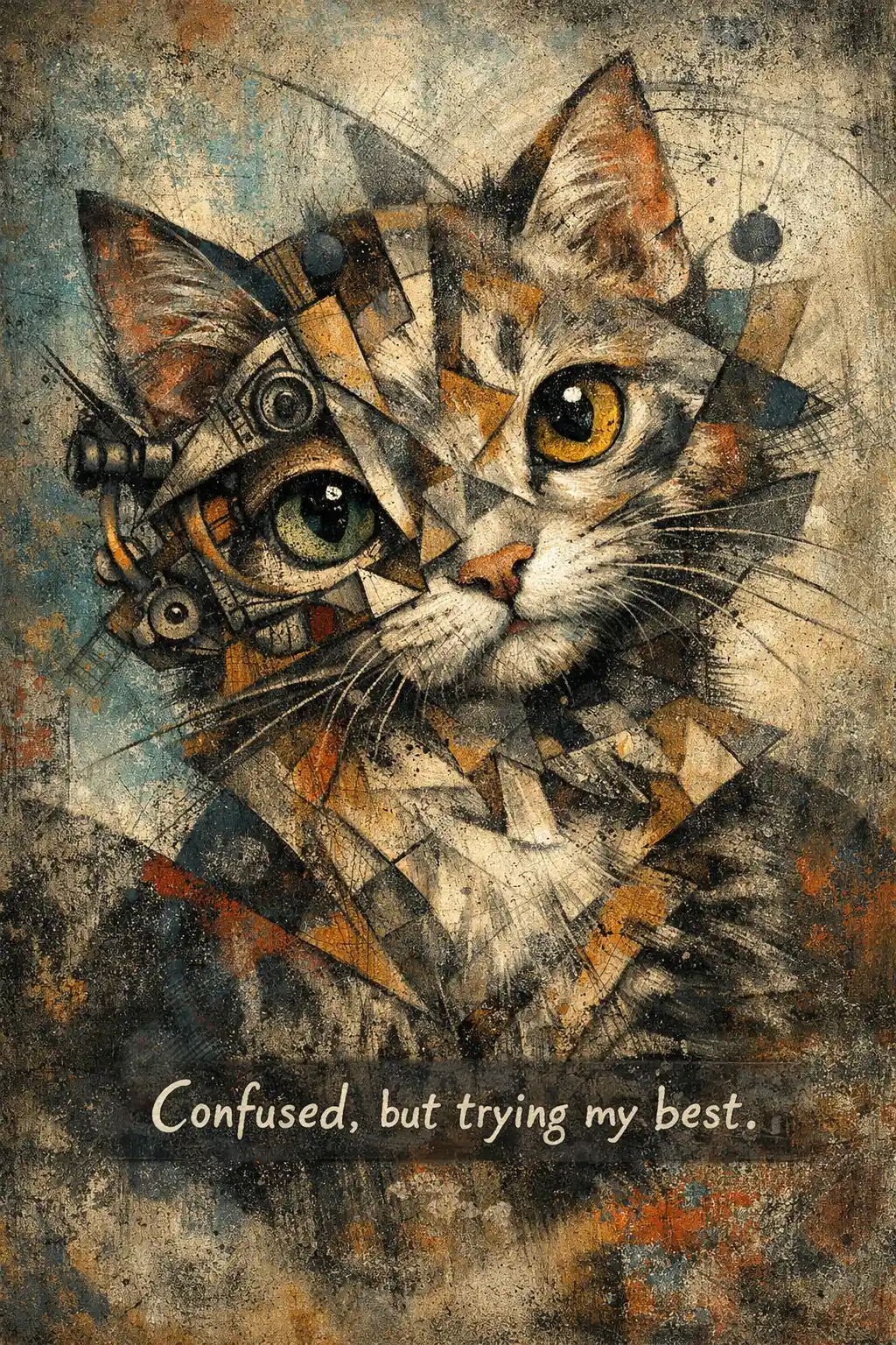Abstract cubist kitten portrait with layered geometric textures
