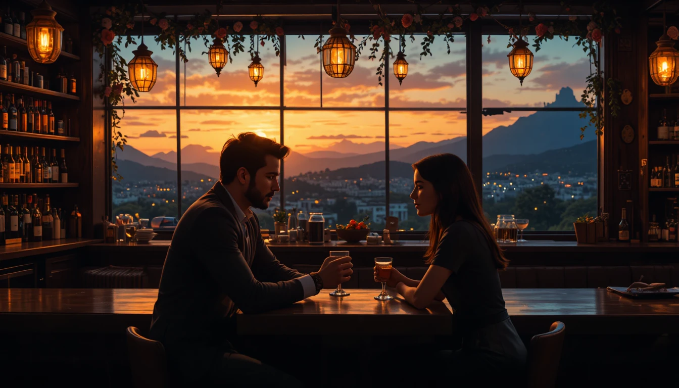Romantic dawn light filling a quiet intimate bar interior