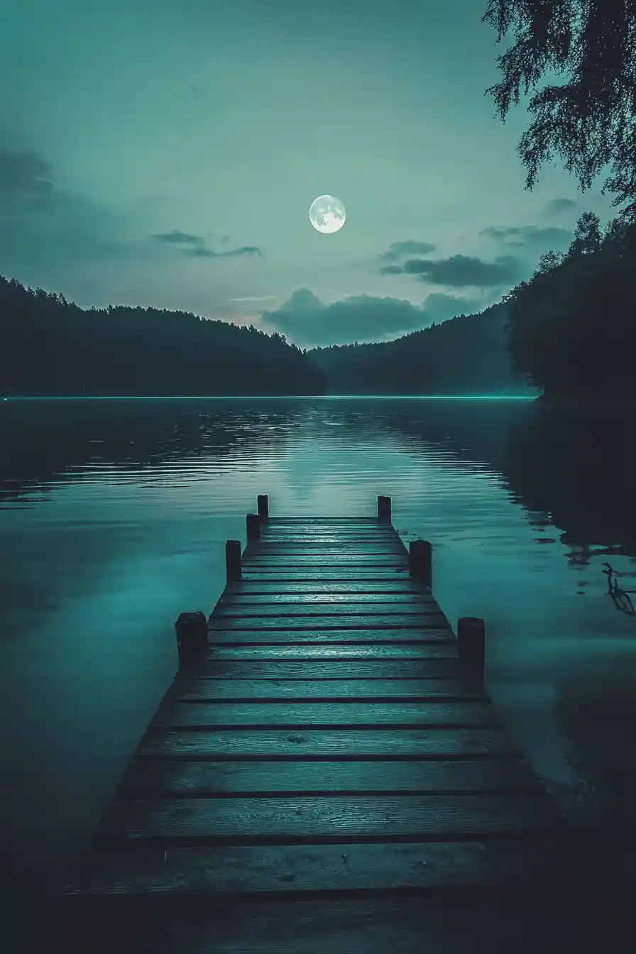 Calm midnight lagoon with soft lofi chill atmosphere