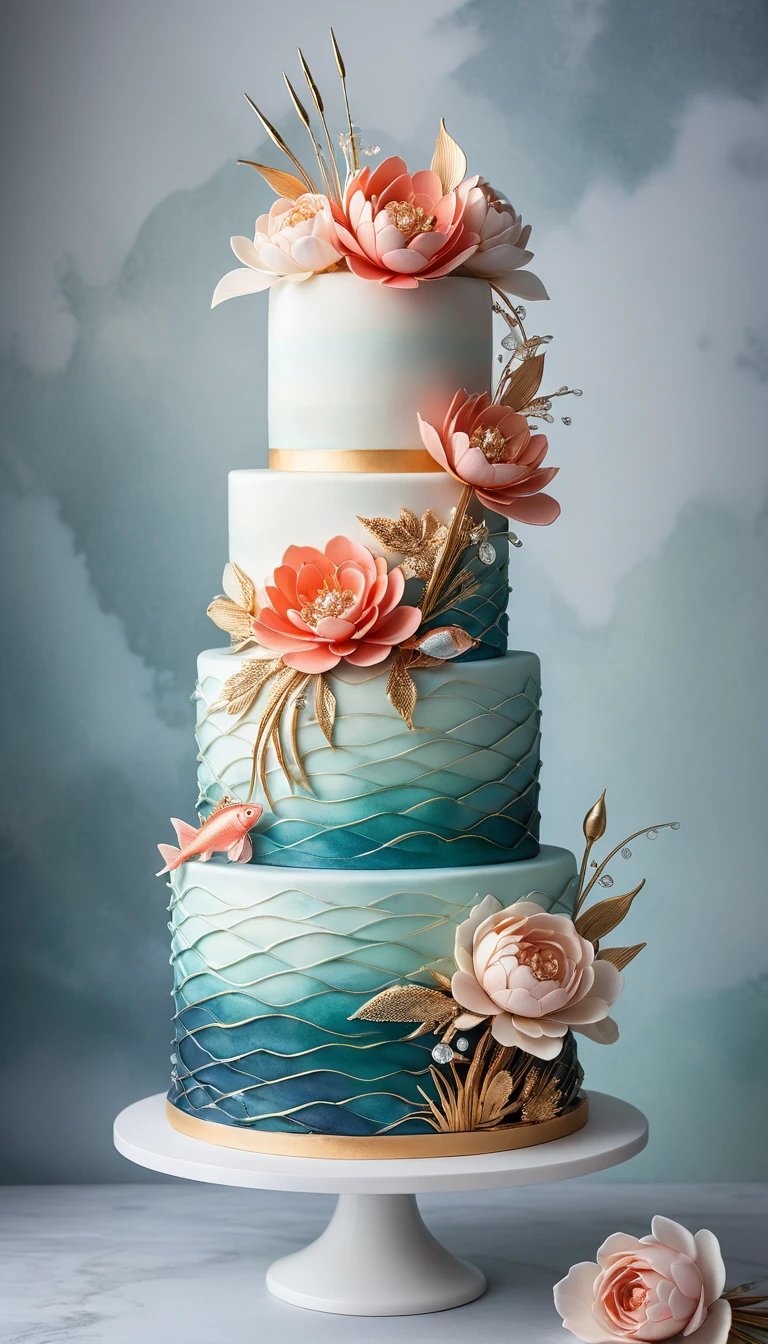 Luxury tiered wedding cake with whimsical fishing details