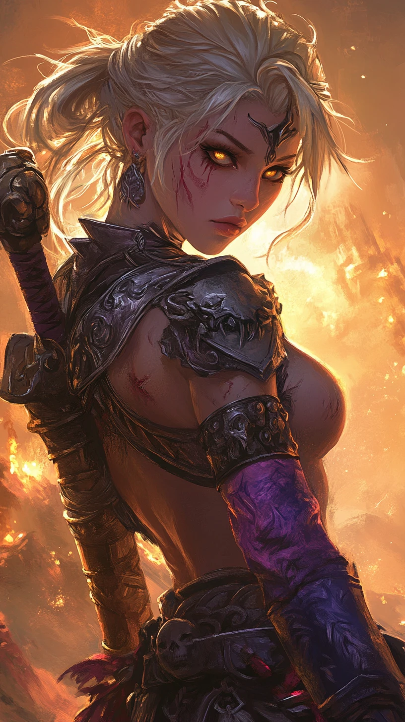 Guerreira de anime em close, com cicatrizes e tatuagens