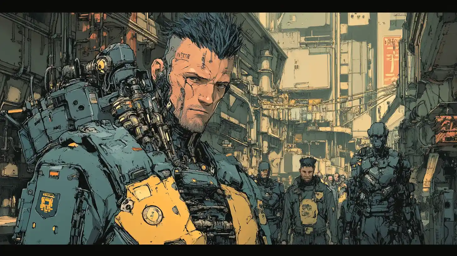 Cyborg industrial worker with mechanical torso in Tokyo ruins