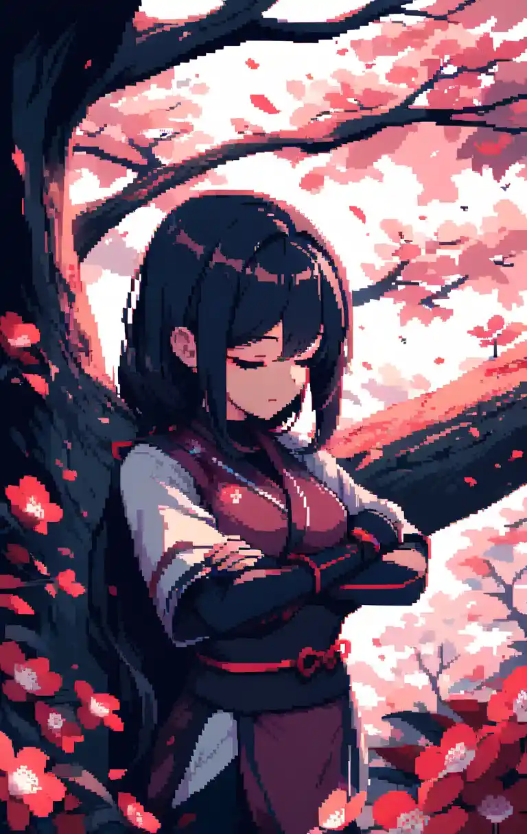 Pixel art ninja girl resting in a romantic forest