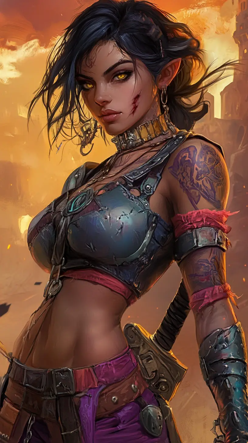 Close up of tattooed anime warrior woman in armor