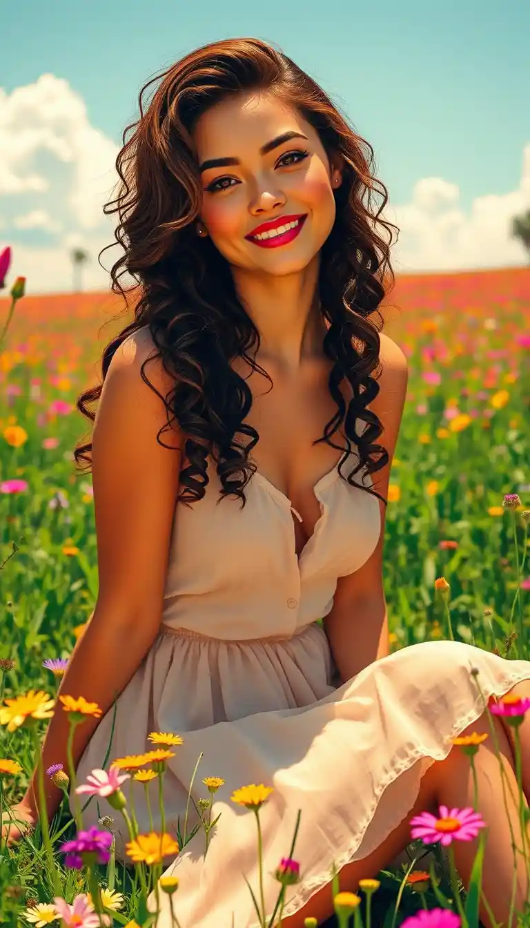 Smiling young woman in a sunlit meadow of wildflowers
