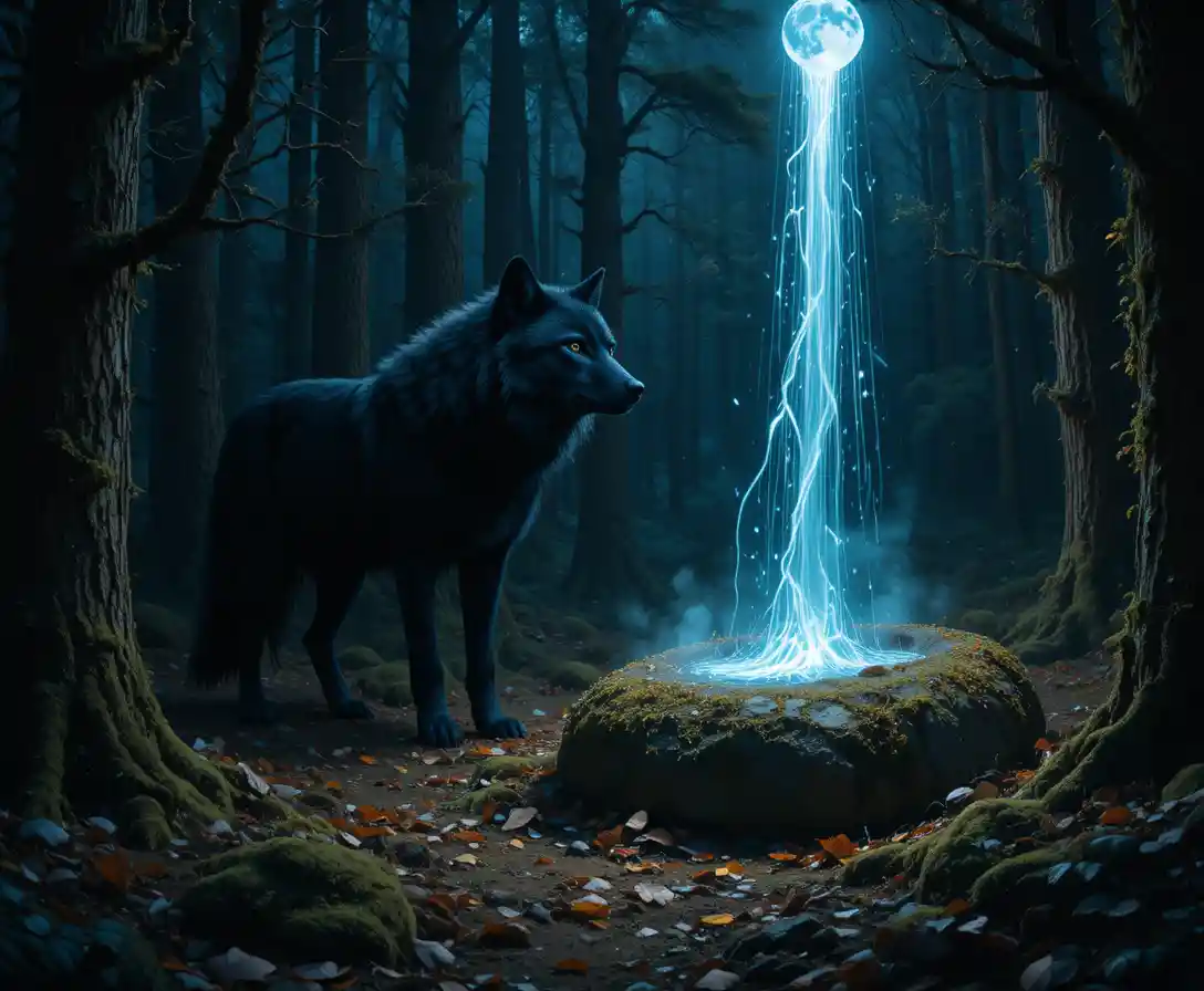 Regal wolf in an enchanted forest of pouring moonlight