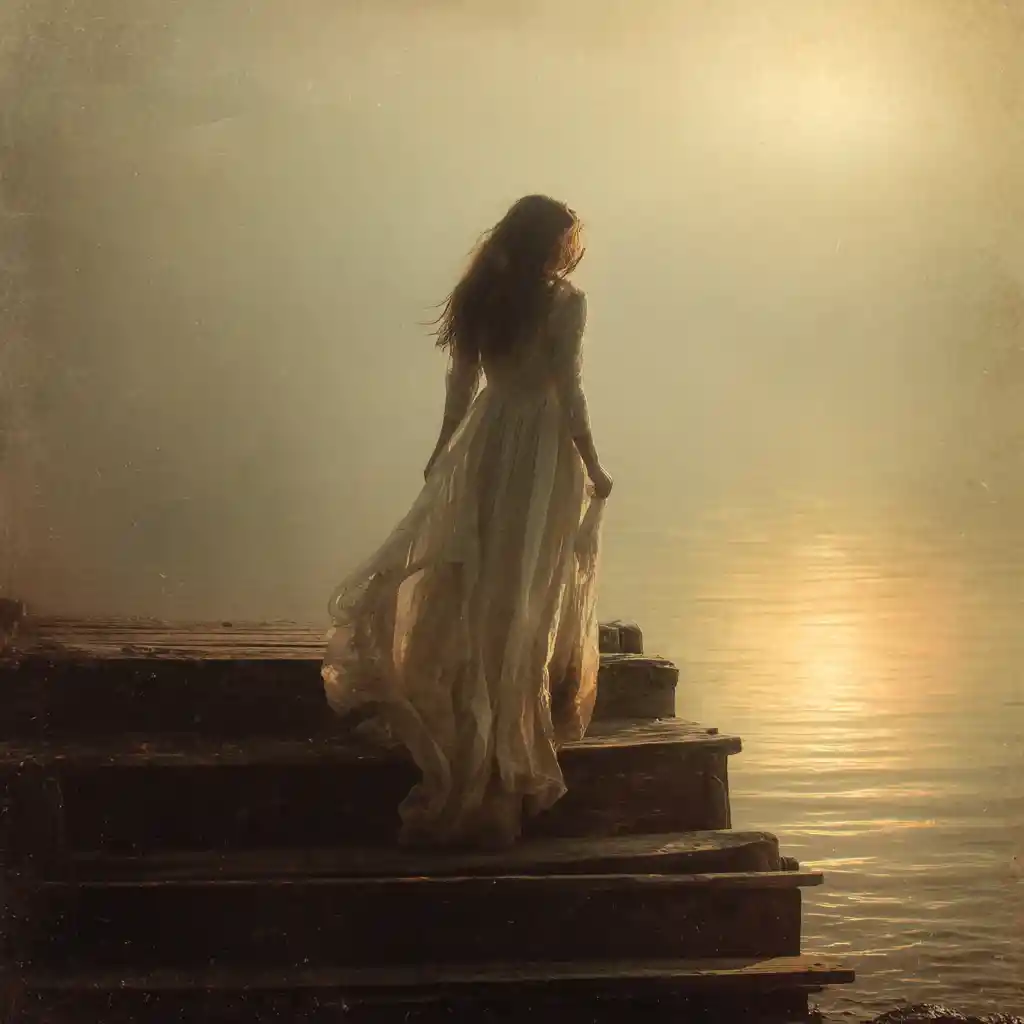Mysterious woman on a staircase by a tranquil lakeside