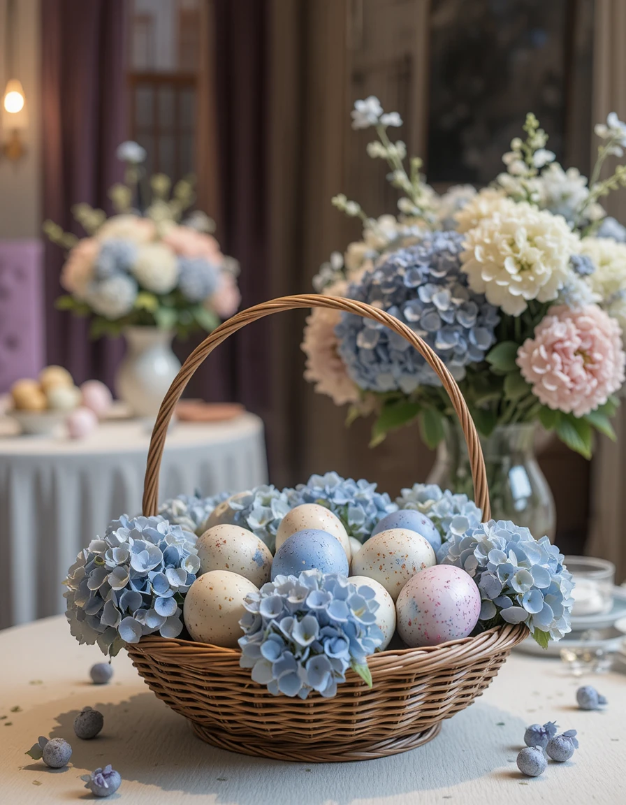 Korb mit gefärbten Eiern und blauen Hortensien auf einem Tisch